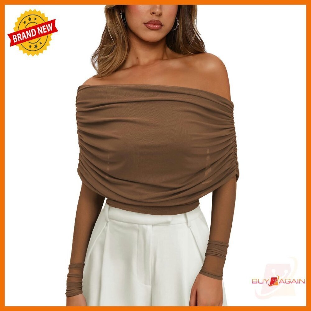 Mesh Long Sleeve Off Shoulder Top Ruched Sheer Party Wear